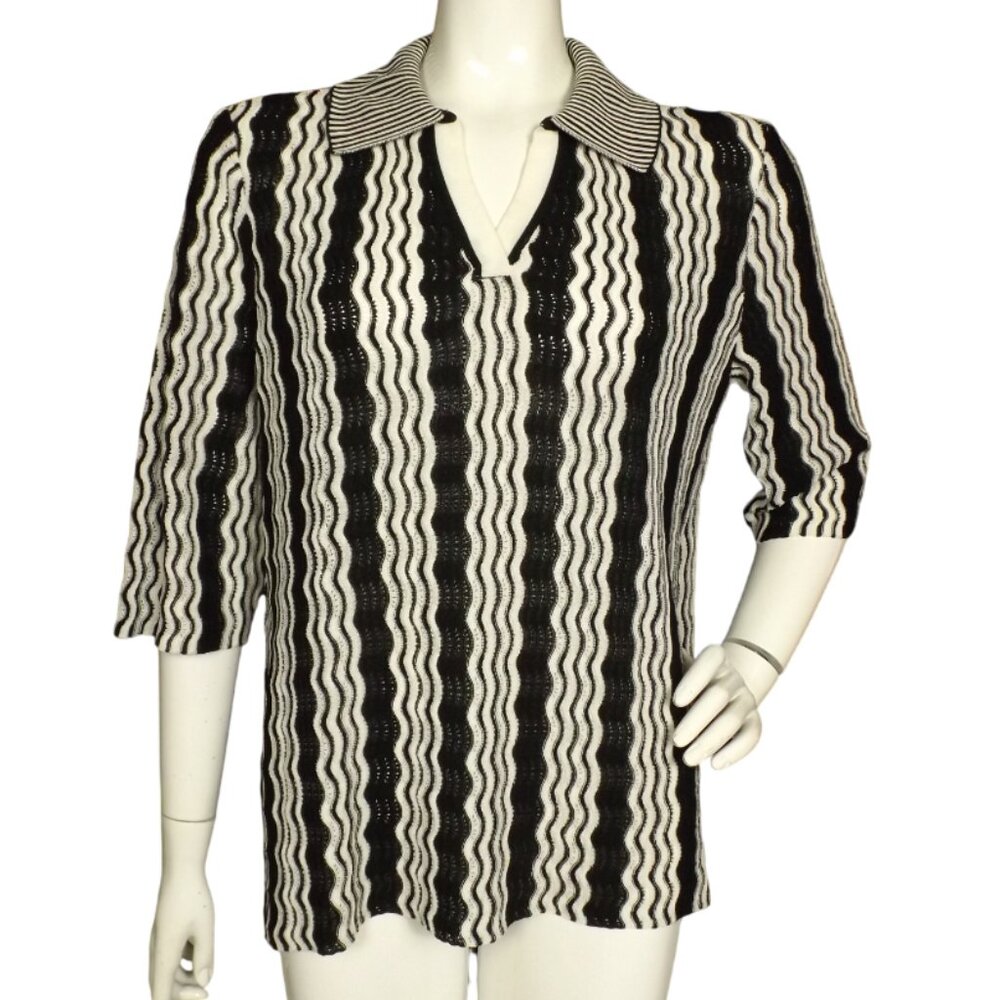 MISOOK Top, XL, Pointelle Knit, Wavy black/white, Half sleeve, Acrylic/Nylon